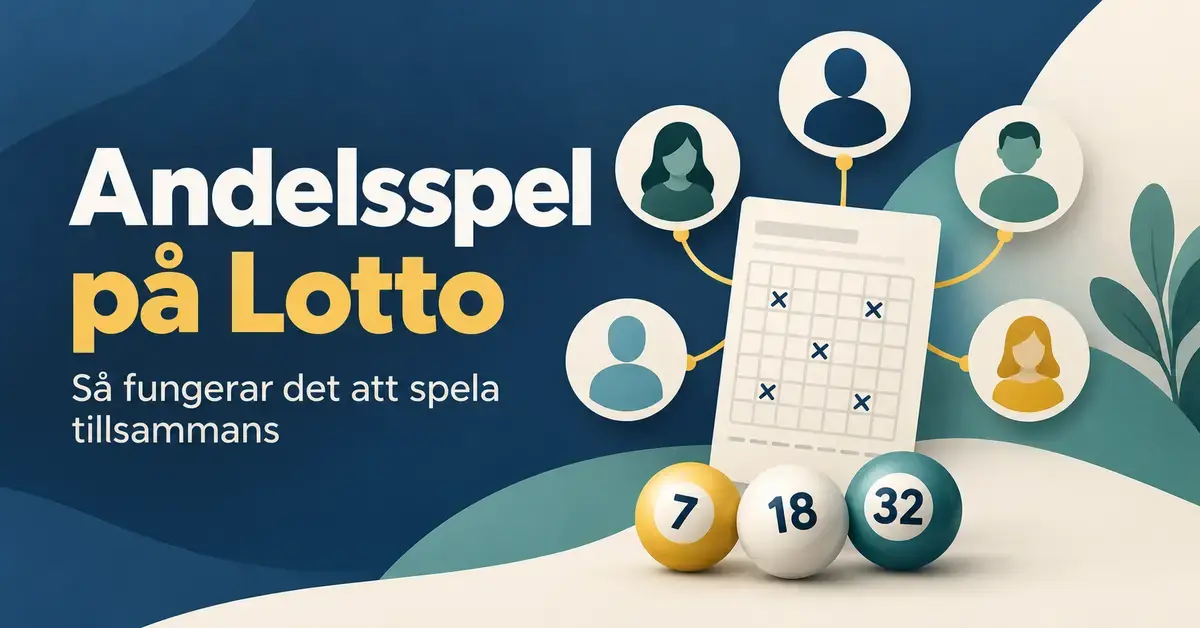 Fem personikoner är sammanlänkade med en gemensam lottokupong intill tre lottobollar och texten ”Andelsspel på Lotto – Så fungerar det att spela tillsammans”.