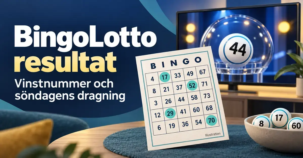 Illustration av en bingobricka med markerade nummer och en tv med en bingoboll, intill rubriken ”BingoLotto resultat”.