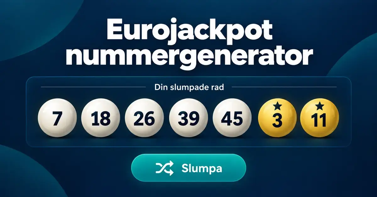 Illustration av en Eurojackpot-nummergenerator med fem vita nummerbollar, två gula stjärnnummer och knappen Slumpa mot en mörkblå bakgrund.