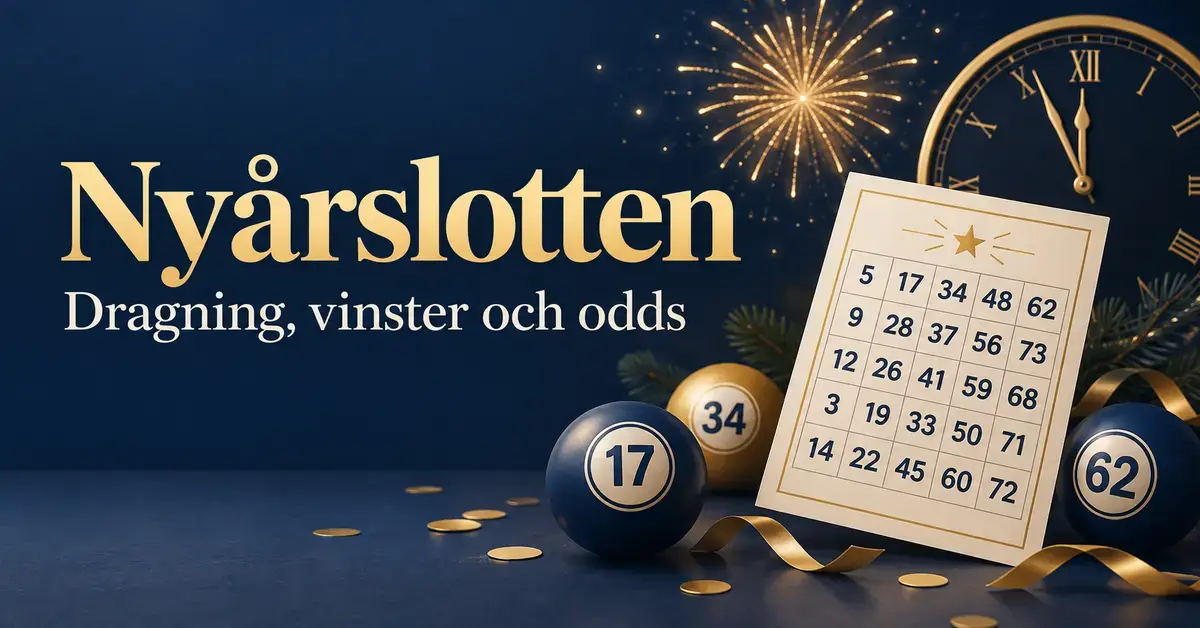 Illustration av Nyårslotten med en bingolott, numrerade bollar, fyrverkerier och en klocka nära midnatt mot en mörkblå bakgrund.