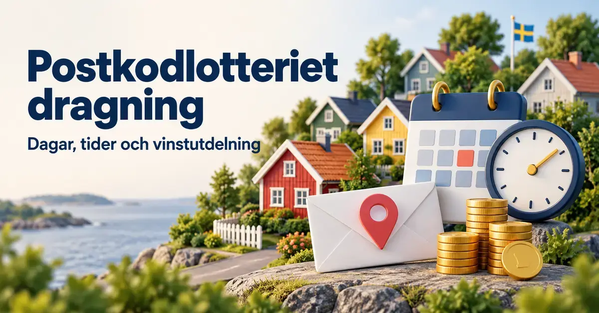 Illustration av svenska hus, ett brev med platsmarkör, en kalender, en klocka och guldmynt med texten ”Postkodlotteriet dragning – Dagar, tider och vinstutdelning”.