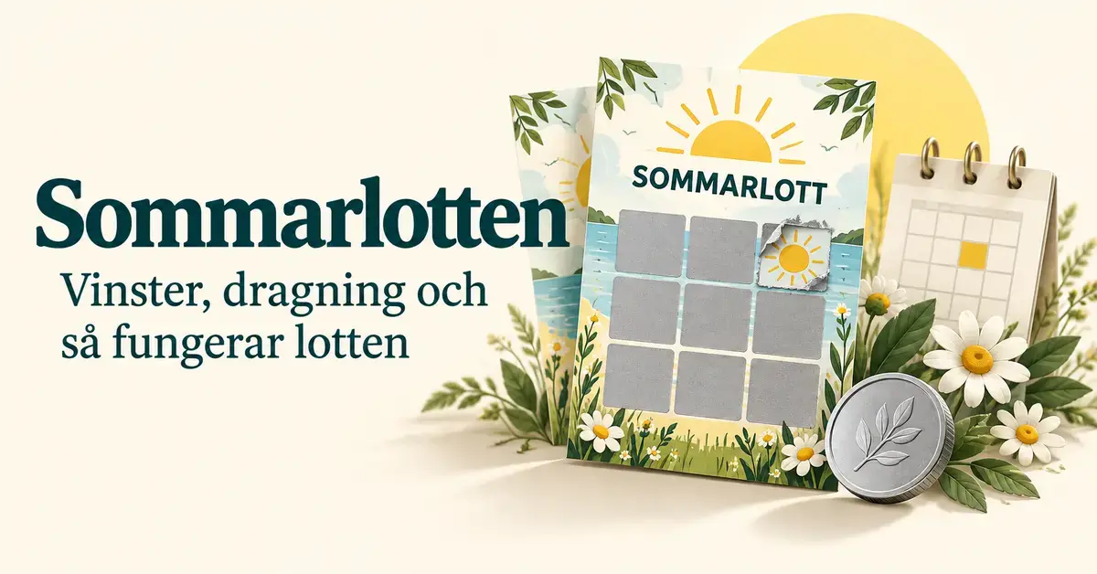 Illustration av sommarlotter, ett mynt och en kalender bland prästkragar, med texten ”Sommarlotten – Vinster, dragning och så fungerar lotten”.