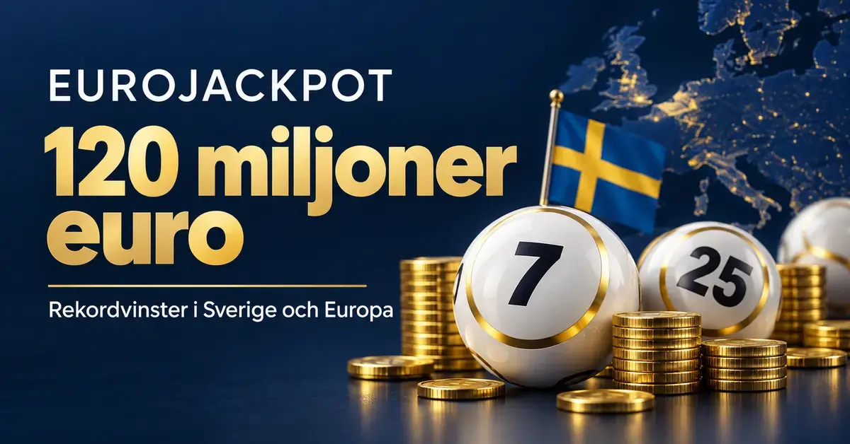 Illustration med lottobollar, guldmynt och svenska flaggan intill texten ”Eurojackpot – 120 miljoner euro” om rekordvinster i Sverige och Europa.