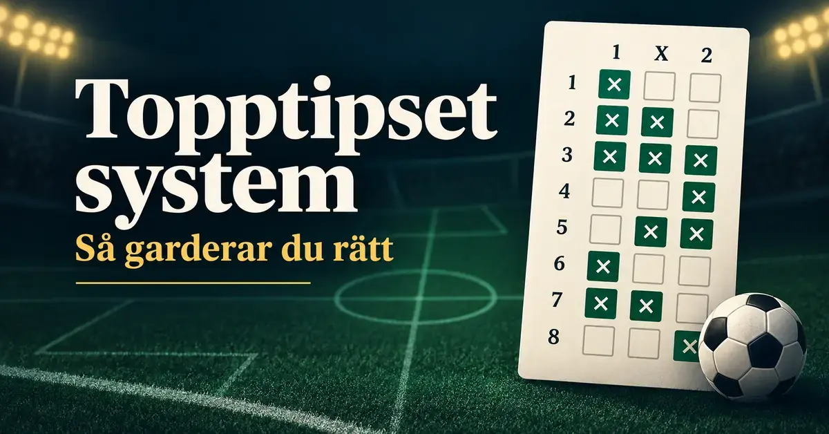 Illustration av en Topptipset-kupong med åtta matcher och olika 1X2-garderingar bredvid en fotboll och texten ”Topptipset system – Så garderar du rätt”.