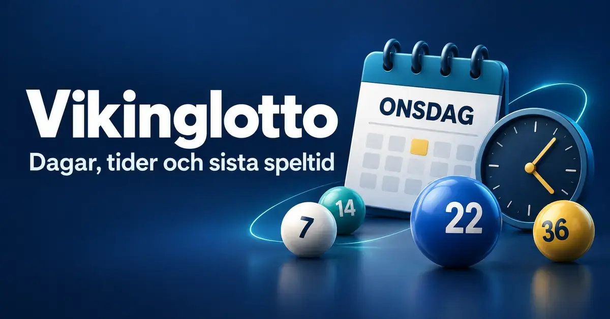 Illustration med texten Vikinglotto – dagar, tider och sista speltid, en kalender märkt onsdag, en klocka och numrerade lottobollar mot blå bakgrund.