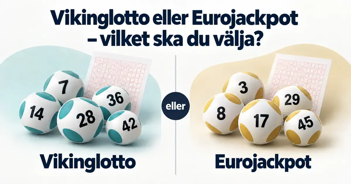 Illustration med turkosa och guldfärgade lottobollar och spelkuponger som jämför Vikinglotto och Eurojackpot under rubriken ”Vikinglotto eller Eurojackpot – vilket ska du välja?”.